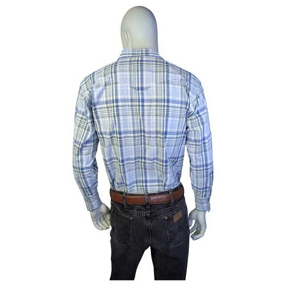 Wrangler Plaid Pearl Snap Western Shirt Blue Green Cowboy Ranchwear | Size Large - Picture 4 of 7